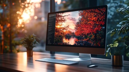 A cozy workspace featuring a scenic autumn desktop background.