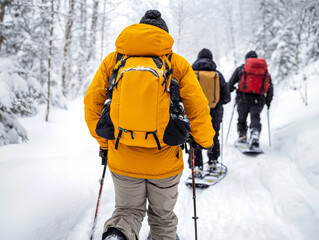 A traditional Canadian snowshoe trek through a snowy forest, with friends enjoying an outdoor adventure.