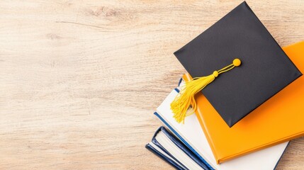 Graduation Cap and Books on Wooden Background