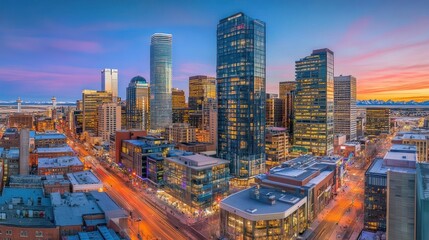 Fototapeta premium Calgary Skyline at Sunset with Illuminated Skyscrapers and City Streets