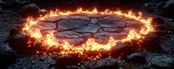 Burning Circle of Fire on Stone Path Mystical Nature Fantasy