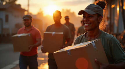 Volunteers bringing boxes of food and water to people in need after natural disaster