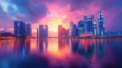 Fototapeta premium Singapore Skyline at Sunset with Vibrant Colors and Reflections