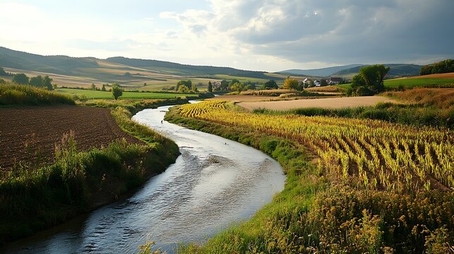 A river running through a farmland landscape, providing essential water for crops