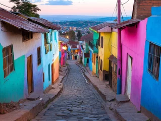 A view of the Harar Jugol, the ancient walled city, with its colorful houses and narrow streets.