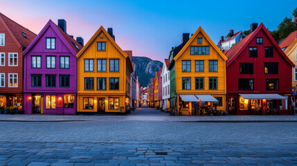 A view of the historic Bryggen district in Bergen, with its colorful wooden buildings and cobblestone streets.
