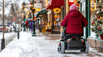Obraz premium Winter holiday shopping street scene with person in wheelchair