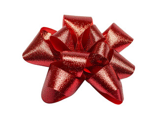 A closeup of a red, sparkly gift bow with a white background PNG