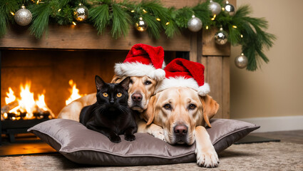 Cat and dogs wearing santa hats relaxing by fireplace