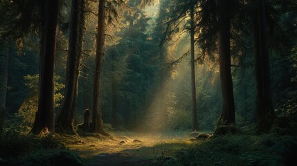 Fototapeta premium Sunbeams Illuminating a Path Through a Dense Forest