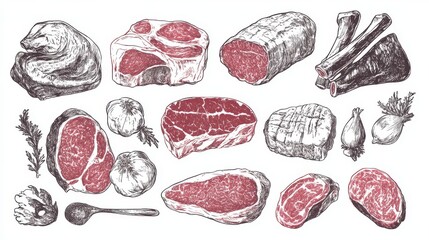 Hand-drawn set of meat doodles, perfect for restaurant or butcher designs. 