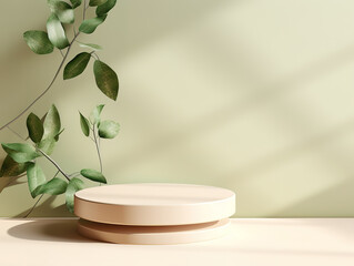Bright Studio 3D Podium with Nature-Inspired Green Leaf and Branch Shadow for Product Advertising