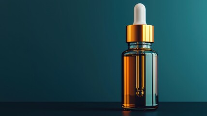 Naklejka premium Glass bottle of jojoba oil with droplet, dark backdrop, natural skincare aesthetic, organic essence, 3D illustration