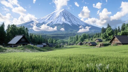 Mount Fuji towers over vibrant rice fields and quaint houses, bathed in natural light under a vivid blue sky with fluffy clouds, capturing Japan’s serene beauty