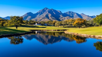 Mountain Lake Golf Course Scenic Landscape with Blue Sky and Reflection