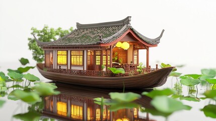 Obraz premium Elegant Mandarin Pavilion Surrounded by Blooming Lotuses on a Peaceful Lake