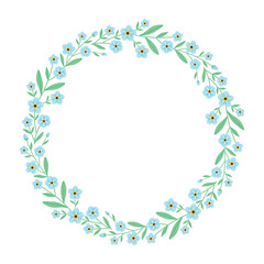 Forget me not flower round frame. round frame with flowers around the perimeter. Delicate blue flowers. Vector illustration.