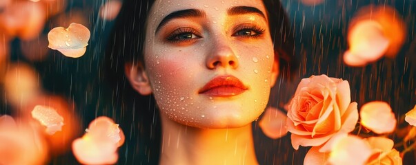 A woman with roses, soft light and raindrops, capturing beauty and emotion.