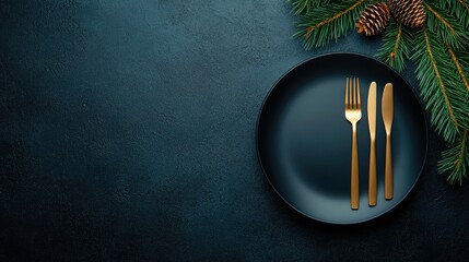 This elegant table features black plates and gold cutlery amidst dark green pine branches and candles, creating a warm, festive atmosphere for Christmas celebrations