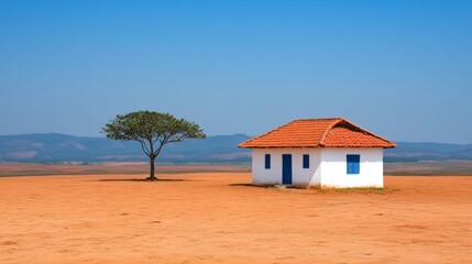 Fototapeta premium Lone House in a Vast Landscape Rural Brazil Red Soil Blue Sky Tree White House Tile
