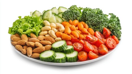 Colorful platter of fresh vegetables and nuts on a white isolated background. Flexitarian food concept