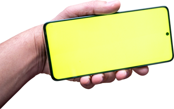 Big hand holding a smartphone with a blank screen display, template for showcasing mobile applications or digital content