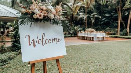 A welcoming sign on an easel greets guests in a vibrant yard, surrounded by lush greenery and blooming flowers, warmly lit by golden sunlight filtering through trees