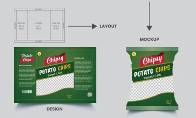 Potato chips package design, realistic vector design, potato chips packaging, chips, packaging, vector illustration with mockup and layout.