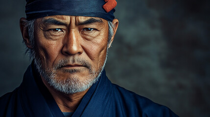 Determined Japanese man wearing hachimaki