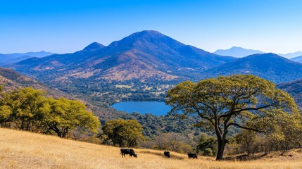 Majestic Mountain Landscape with Cattle Grazing and a Distant Lake