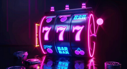 A vibrant neon slot machine that prominently features the number seven displayed on it, creating a visually striking experience