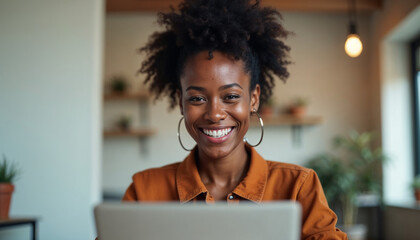 A young Black woman with short curly hair smiling while using a laptop