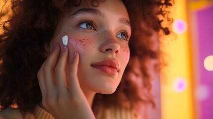 Teen girl with multiple acne marks on her face, looking hopeful as she applies skincare cream to her cheek