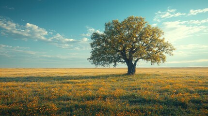 Solitary Tree in a Field of Wildflowers Under a Blue Sky