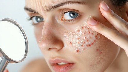 Woman examining her skin in a bathroom mirror, showing close-up details of acne and blemishes on her face