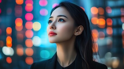 Asian Businesswoman Looking Up at Data Chart Visualization
