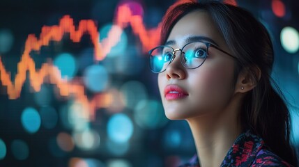 Fototapeta premium Asian Businesswoman Looking Up at Data Chart Visualization
