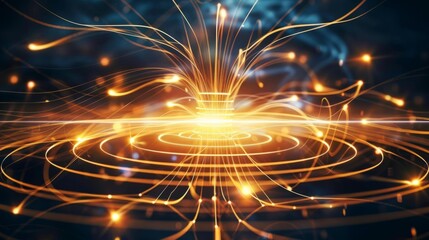 Abstract magnetic field visualization, in dark empty space, with luminous lines and arrows representing the magnetic flow around a central object
