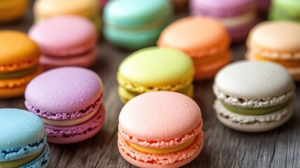 Obraz premium Close up of vibrant macarons displayed on a wooden surface featuring soft pastel hues