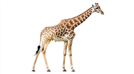 Naklejka premium Giraffe Isolated. Full-Body Portrait of a Giraffe Standing on a White Background, Highlighting Its Unique Coat Pattern and Long Neck, Image Made Using Generative AI
