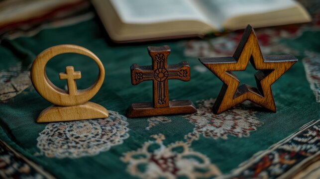 Symbolic interfaith respect with Christian cross, peace symbol, wooden star on fabric