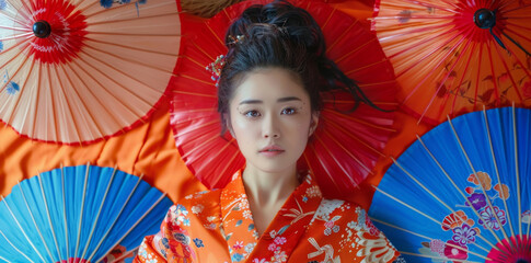 attractive asian woman wearing traditional Japanese kimono