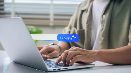 Hands typing on a laptop with a highlighted Generate button overlay, symbolizing content creation,...