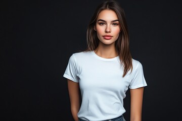 Fototapeta premium A beautiful young woman in a plain white T-shirt strikes a pose under soft studio lighting, against a solid black background.