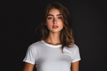 Obraz premium A beautiful young woman in a plain white T-shirt strikes a pose under soft studio lighting, against a solid black background.