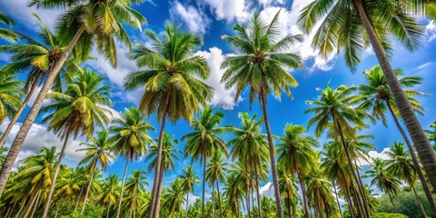 Lush Coconut Trees Against a Tropical Sky - Stunning Panoramic Photography of Cocos Plantations