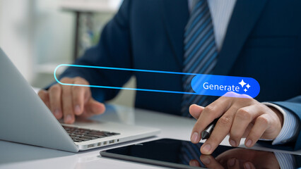 Hands typing on a laptop with a highlighted Generate button overlay, symbolizing content creation,...