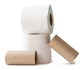 Two rolls of white tissue paper or toilet paper with cores or tubes in stack isolated on white background with clipping path