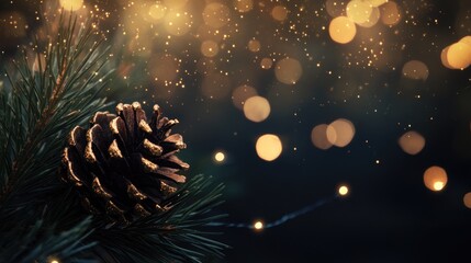 Pine branch with a pinecone set against a dark backdrop featuring golden bokeh and string lights