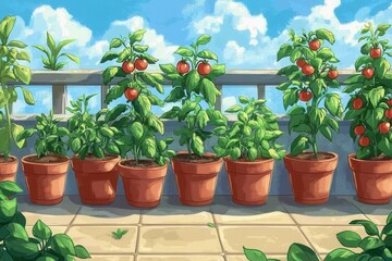 Lush tomato plants flourishing on sunny balcony garden